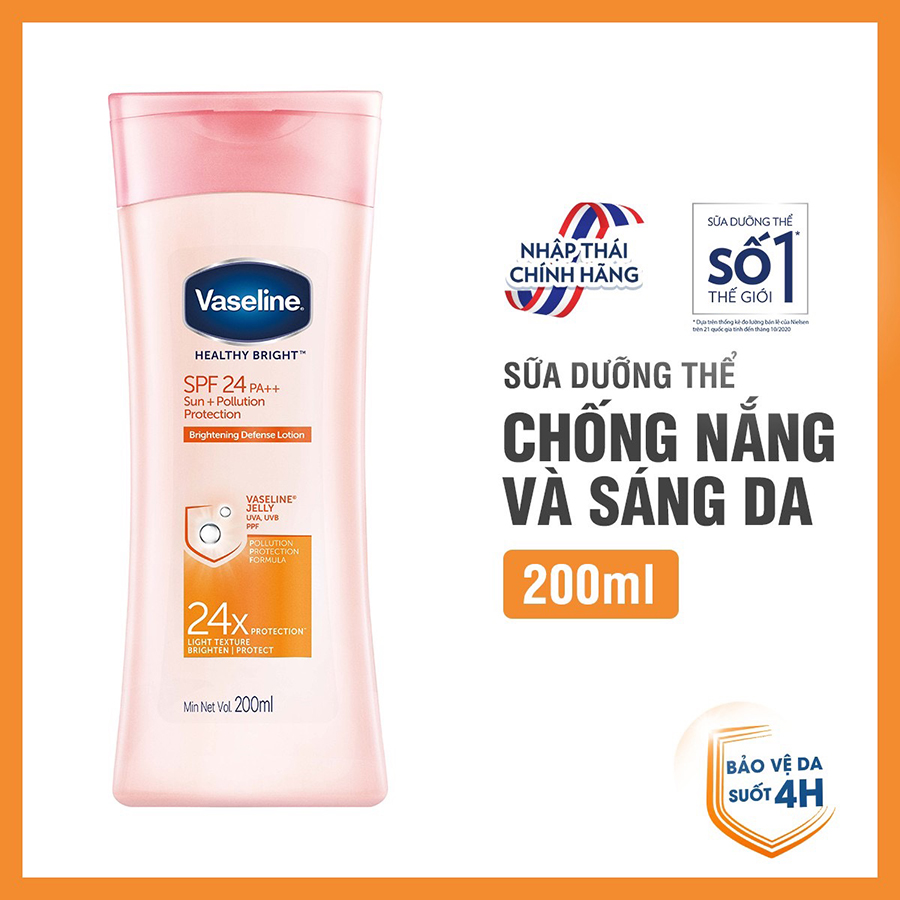 Sữa Dưỡng Thể 200Ml Vaseline Dưỡng Ẩm Sáng Da Chống Nắng Spf24Pa++ Sun + Pollution Protection Bảo Vệ Da Tới 4H Với Spf 24 Pa++