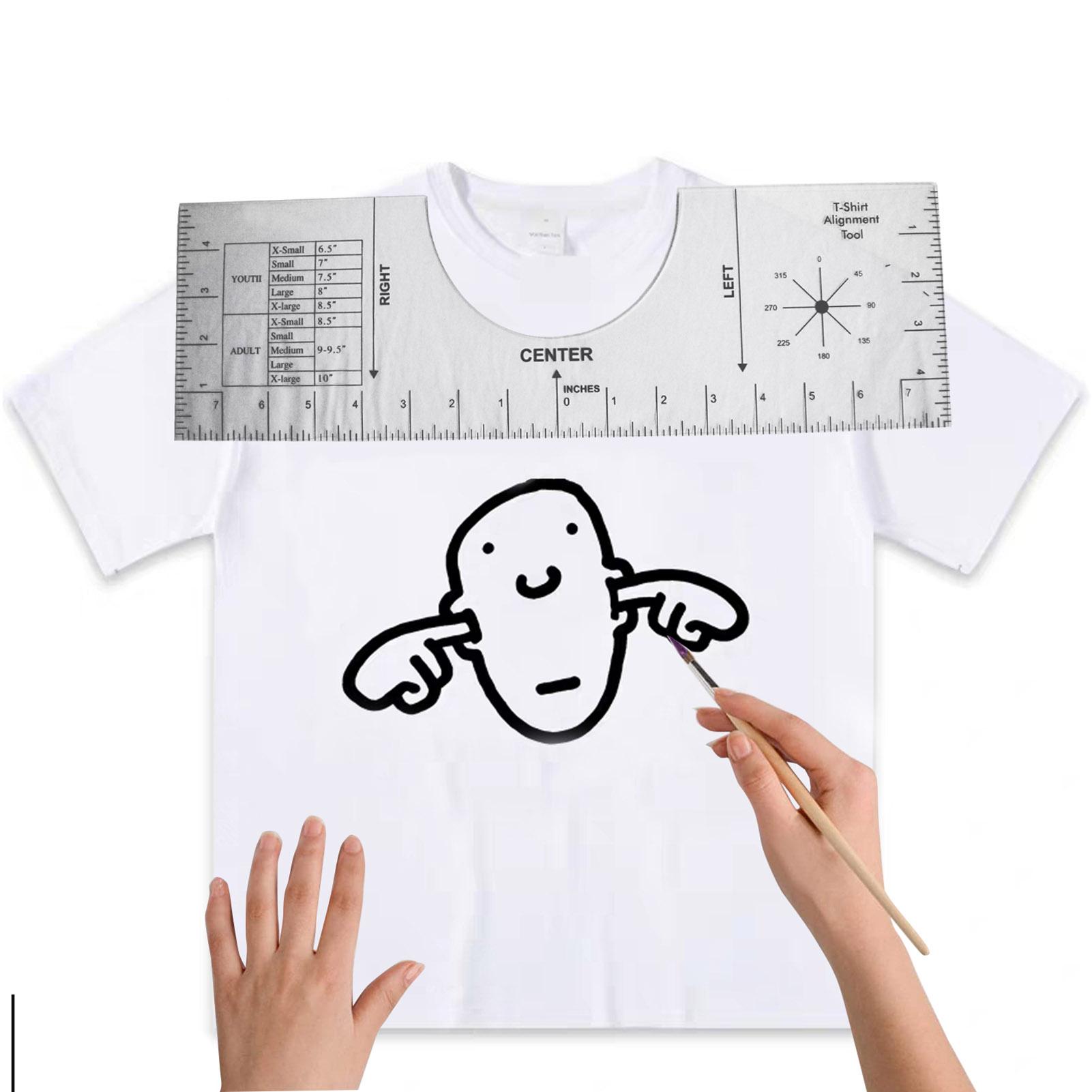 Thước căn chỉnh 16 x 5 inches dùng để đo áo thun cổ tròn, có vạch hướng ngực trái và phải cho nhiều kích cỡ khác nhau