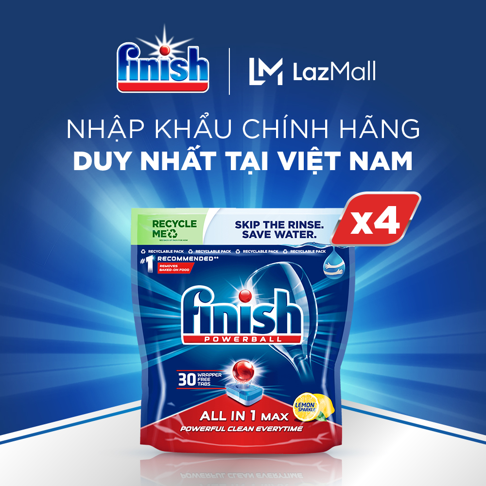 Combo 04 túi Viên Rửa Chén Bát Hương Chanh Finish Powerball All In 1 Max Lemon Sparkle 30 viên