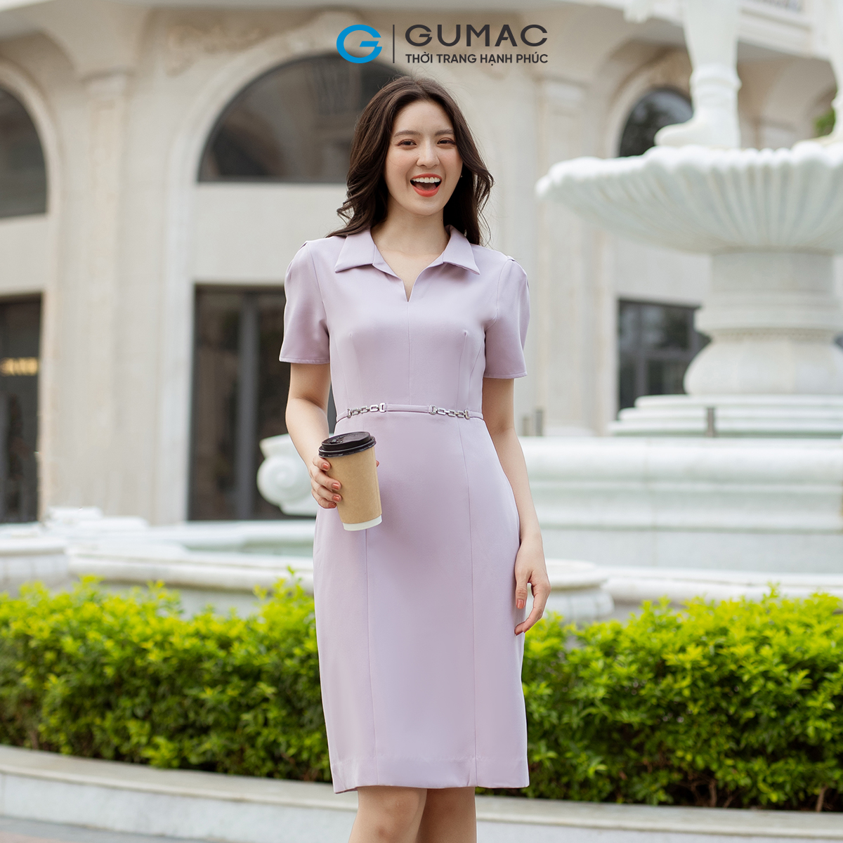 Đầm bút chì tay ngắn cổ V khoen eo thanh lịch sang trọng GUMAC DD07066
