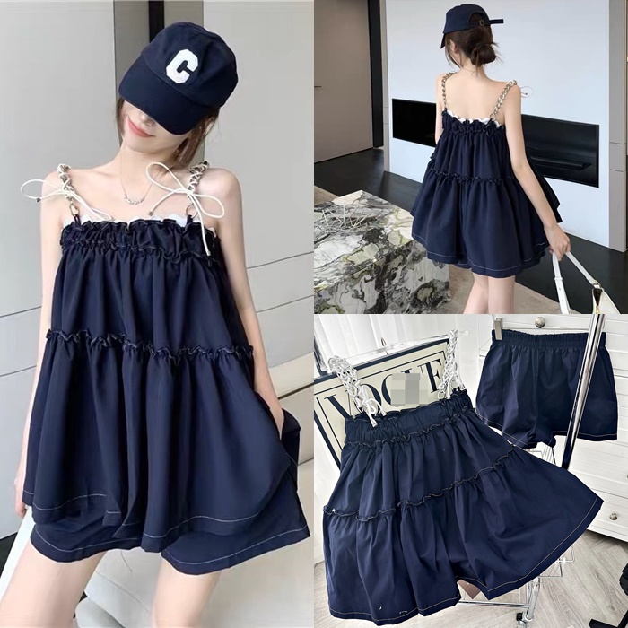 ĐẦM BABYDOLL SET ÁO 2 DÂY CỔ U SUÔNG RỘNG XÒE XẾP LY BÈO + QUẦN SHORTS NGẮN ỐNG RỘNG LƯNG THUN TRƠN MIDI DẠO PHỐ ĐI BIỂN ĐI CHƠI