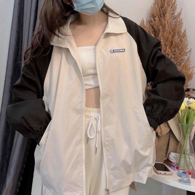 Áo Khoác Dù Records Logo Thời Trang Ulzzang Unisex, Áo Khoác Bomber Nam Nữ Chất DÙ Cúc Bấm Phối Tay Chữ Sau In Chữ Phong Cách Cá Tính Học Đường