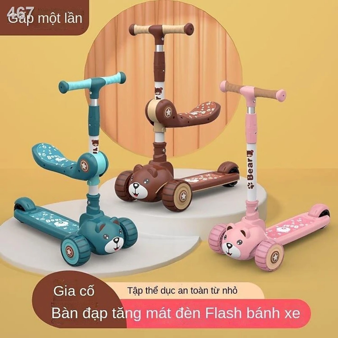 Xe trượt scooter cho bé, Xe chòi chân trẻ em cao cấp có ghế ngồi hình gấu