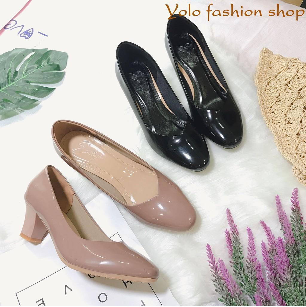 Giày cao gót nữ da bóng đế trụ mũi vuông 5cm da mềm êm chân -HC07
