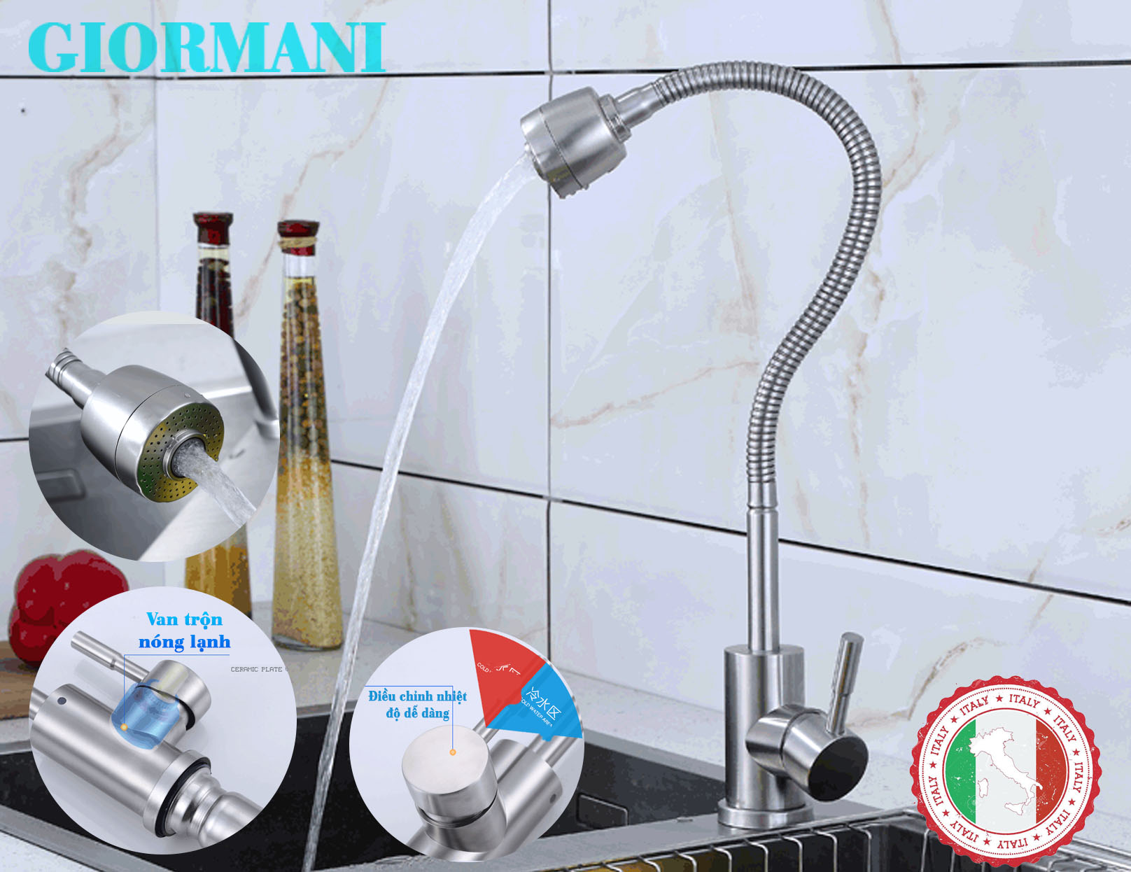 [Tổng Hợp] Các loại vòi rửa chén vòi bếp nóng lạnh SUS304 bán chạy + 02 dây cấp nước HVMMA ITALIA