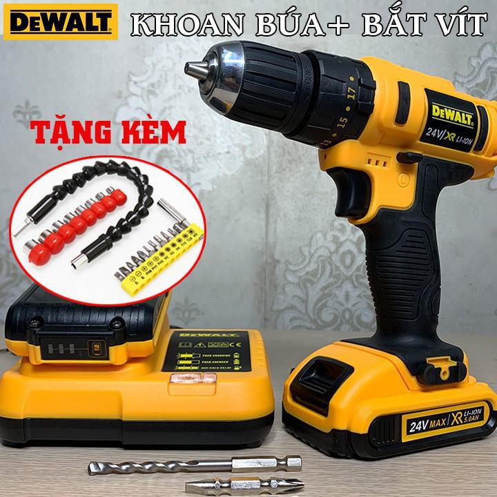 Máy Khoan Pin Cầm Tay Dewalt 24V Búa, Bắn Vít - TẶNG Phụ Kiên 22 Chi tiết - Máy Khoan 3 Chức Năng Búa - Khoan Bê Tông