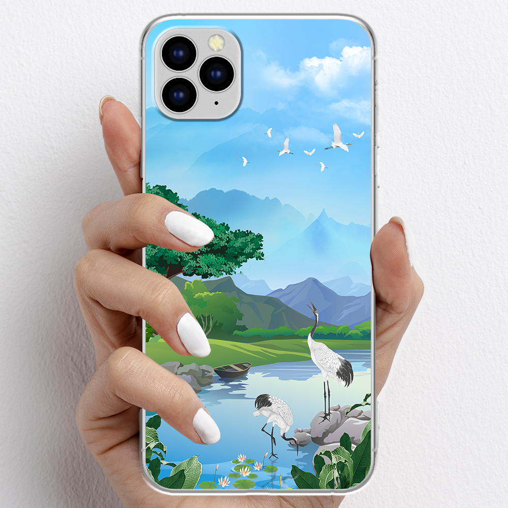Ốp lưng cho iPhone 11 Pro, iPhone 11 Promax nhựa TPU mẫu Núi và chim hạc