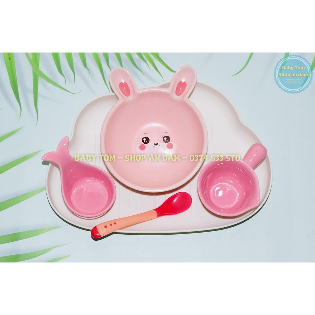 Set bát ăn dặm gốm sứ thỏ hồng cho bé yêu/ Set chén ăn dặm thỏ hồng