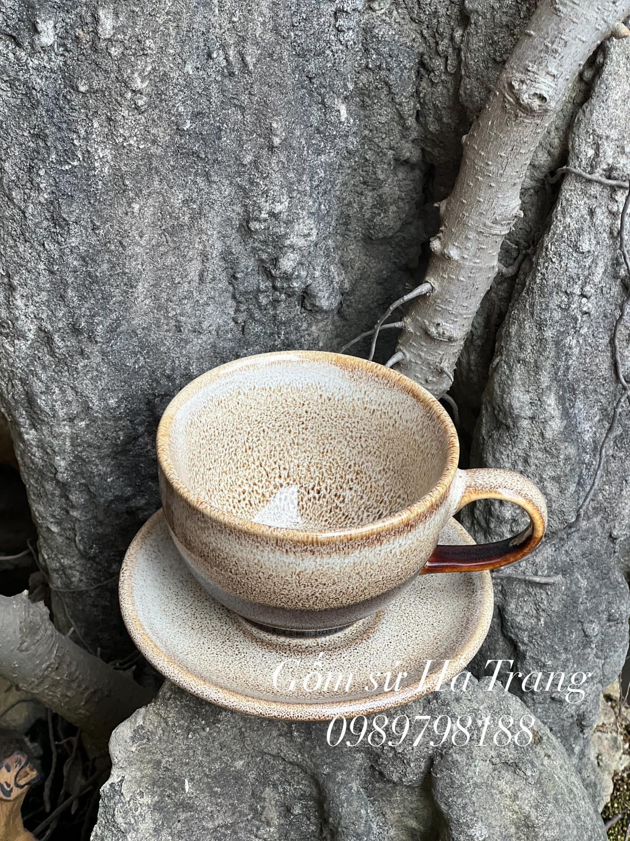 Bộ tách cafe capuchino dung tích 220ml gốm sứ Bát Tràng cao cấp men hoả biến gấm