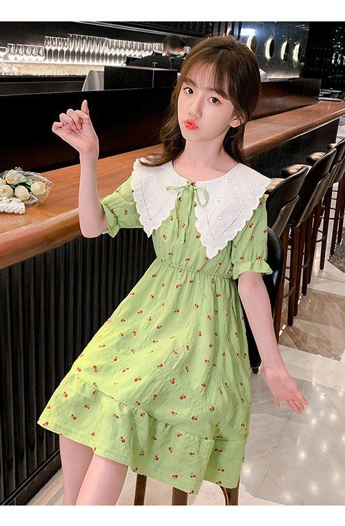 DONGSHOP HOT Cô gái ăn mặc 2023 mùa hè ăn mặc cô gái váy công chúa Mid-Boy Cherry hoa đầm đầm đầm đầm mùa hè cho trẻ em
