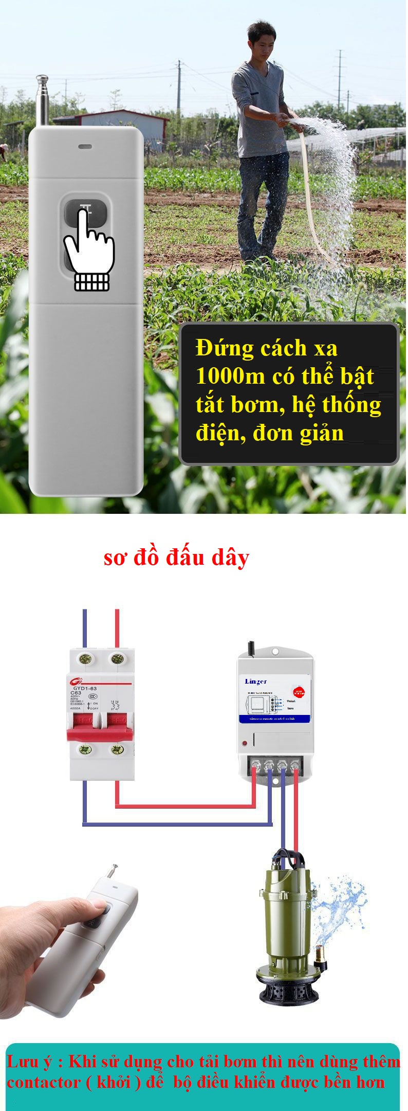 Công tắc điều khiển từ xa 1000 mét, 40A điều khiển động cơ từ xa, hệ thống điện, tưới tiêu từ xa