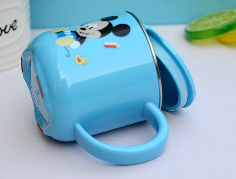 Ly cốc giữ nhiệt Disney in hình chuột Mickey Minnie Mouse màu xanh có nắp và quai cầm cho bé - 260ml