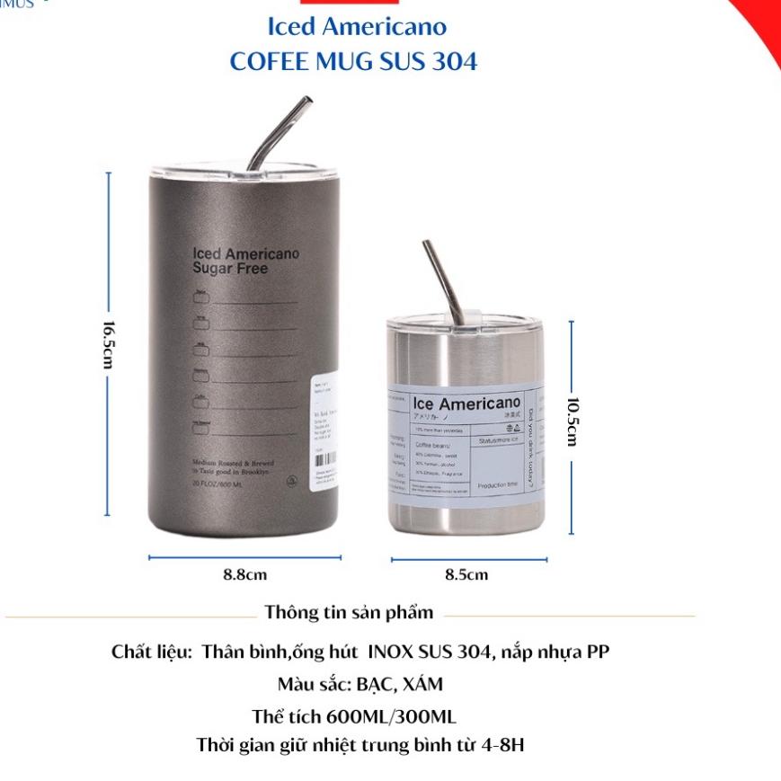 Cốc giữ nhiệt Iced Americano thể tích 650ML/300ML,làm bằng inox,có ống hút