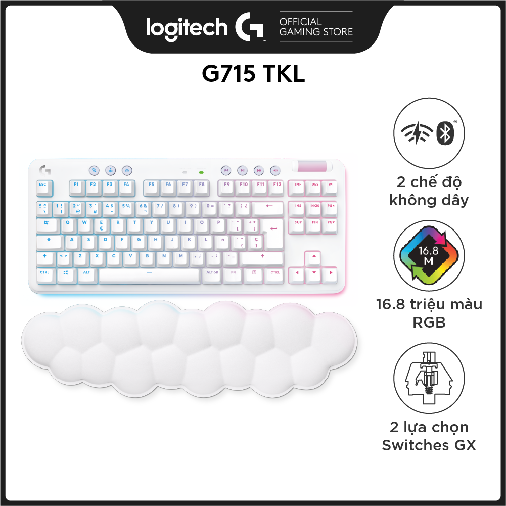 Bàn phím cơ gaming không dây Logitech G715 TKL  - Bluetooth và Lightspeed, RGB, kèm kê tay, 2 loại switch, tương thích PC, Mac, Laptop - Hàng Chính Hãng