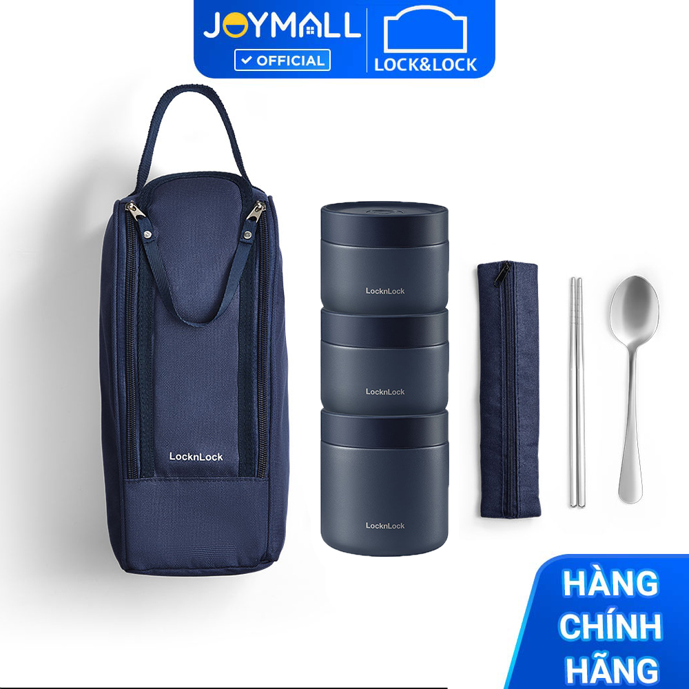 Bộ hộp cơm giữ nhiệt Lock&Lock Lunch Box LHC8052S01 - Hàng chính hãng có 3 ngăn riêng, kèm túi và muỗng đũa - JoyMall