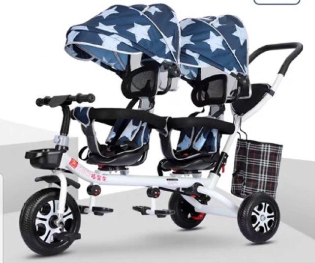 Xe đẩy đôi cho bé bánh cao su, ghế xoay 360 độ