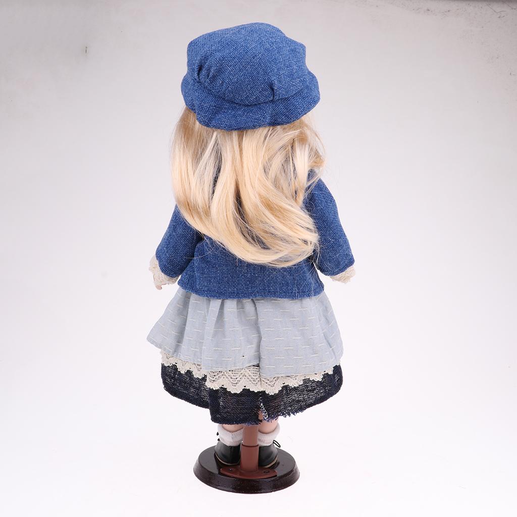 40cm Porcelain Curly Girl Doll People Figures with Blue Dress Hat Gifts