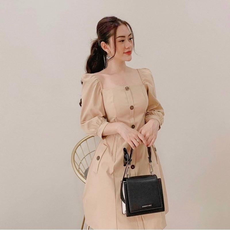 Đầm váy cổ vuông nút dừa tay lỡ 2 màu