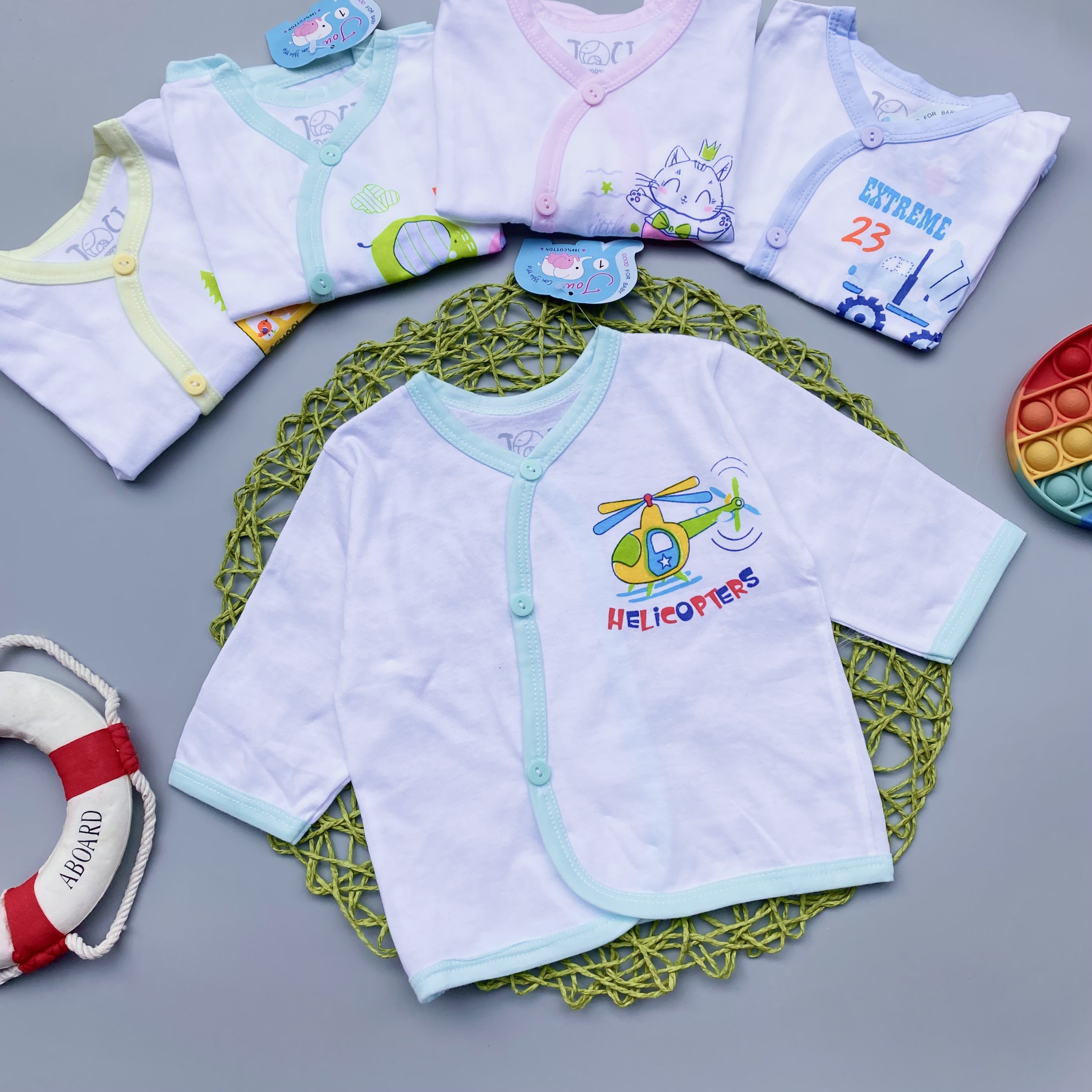 (J03TD) ÁO CÀI XÉO TRẮNG TAY DÀI JOU CHO BÉ (3-11kg) - VIỀN XANH DƯƠNG