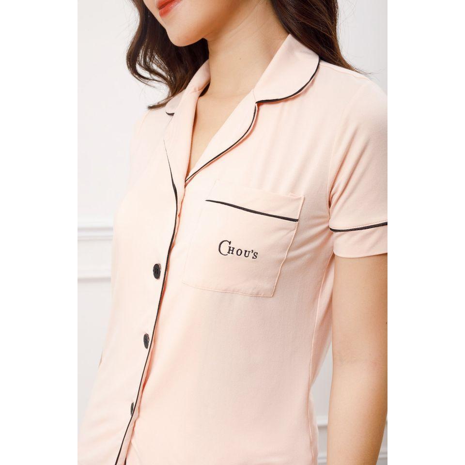 Bộ pyjamas nữ cộc tay vải bamboo tự nhiên cao cấp Chou's - màu hồng nhạt