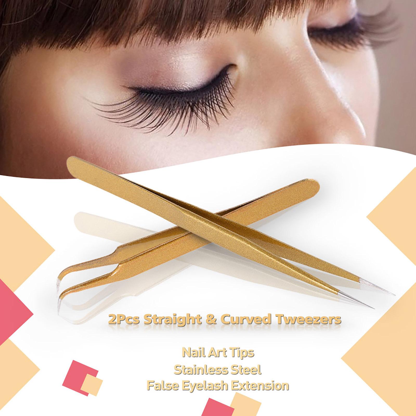 2 nhíp thẳng và cong bằng thép không gỉ để gắn mi giả và làm móng