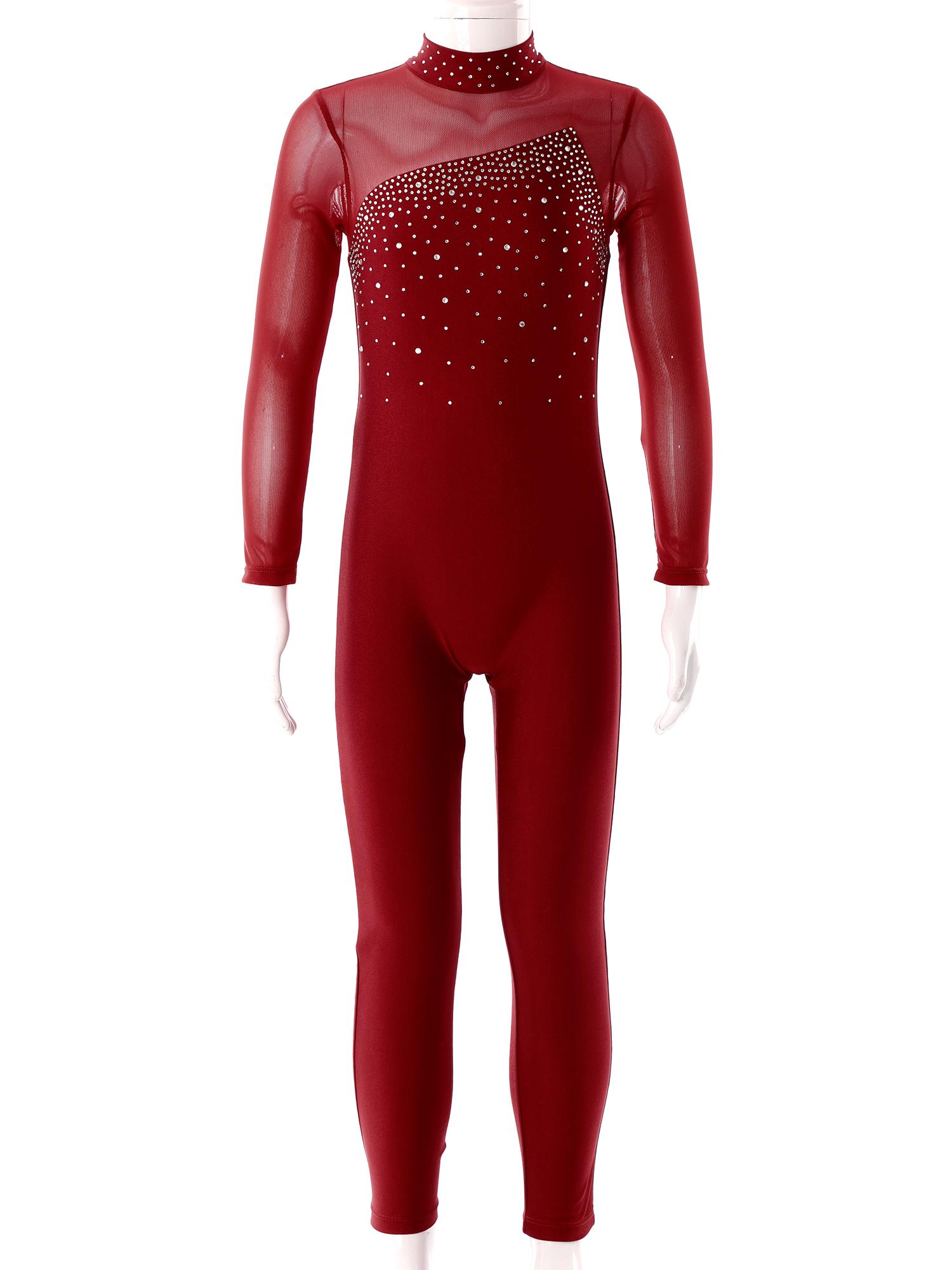 Thanh thiếu niên thể dục dụng cụ Jumpsuits Trẻ em Bodysuit Ice Bodysuit Shinestone Shinestone For Girls Long Sleeve Ballet Dance Thể dục dụng cụ thể dục dụng cụ Color: Burgundy Size: 8