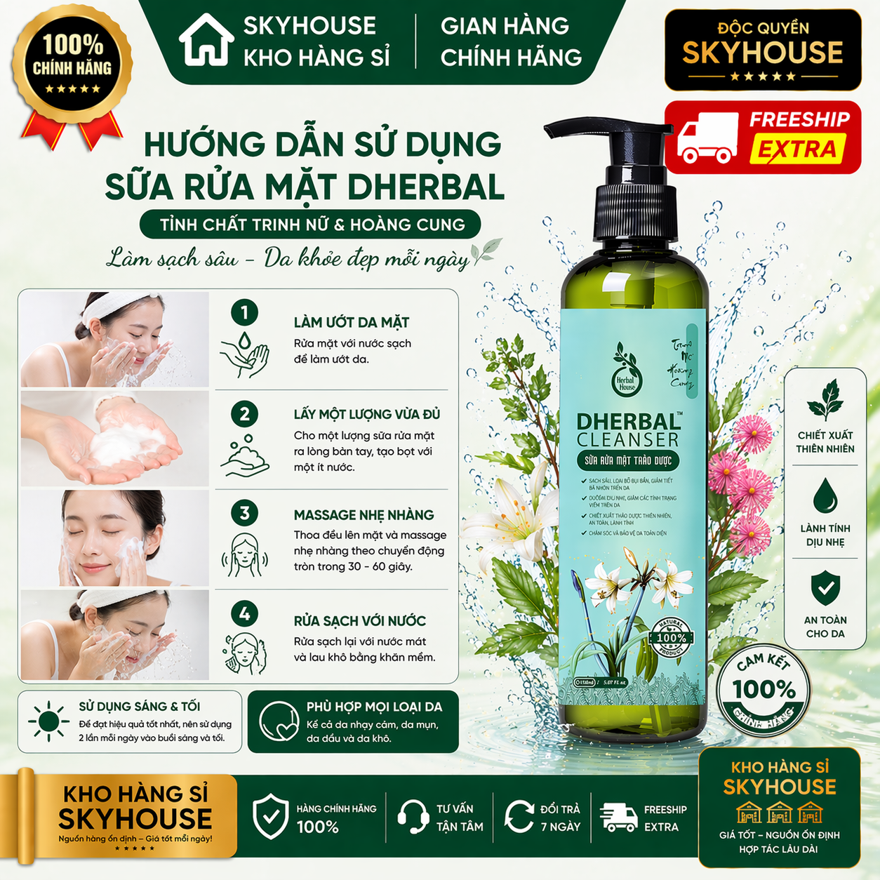 Sữa rửa mặt trị mụn thiên nhiên chiết xuất trinh nữ hoàng cung độc quyền DHERBAL chai 150ml dưỡng trắng da chính hãng