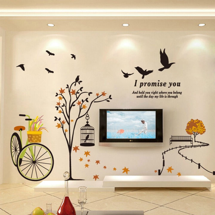 Decal dán tường Xe đạp và đàn chim Xl8131