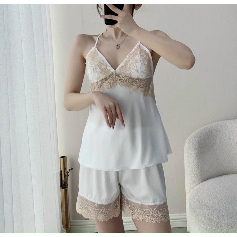 Bộ Đồ Ngủ 2 Dây Nữ Cổ V Phối Ren Chất Lụa Trơn Cao Cấp Freesize QC611160