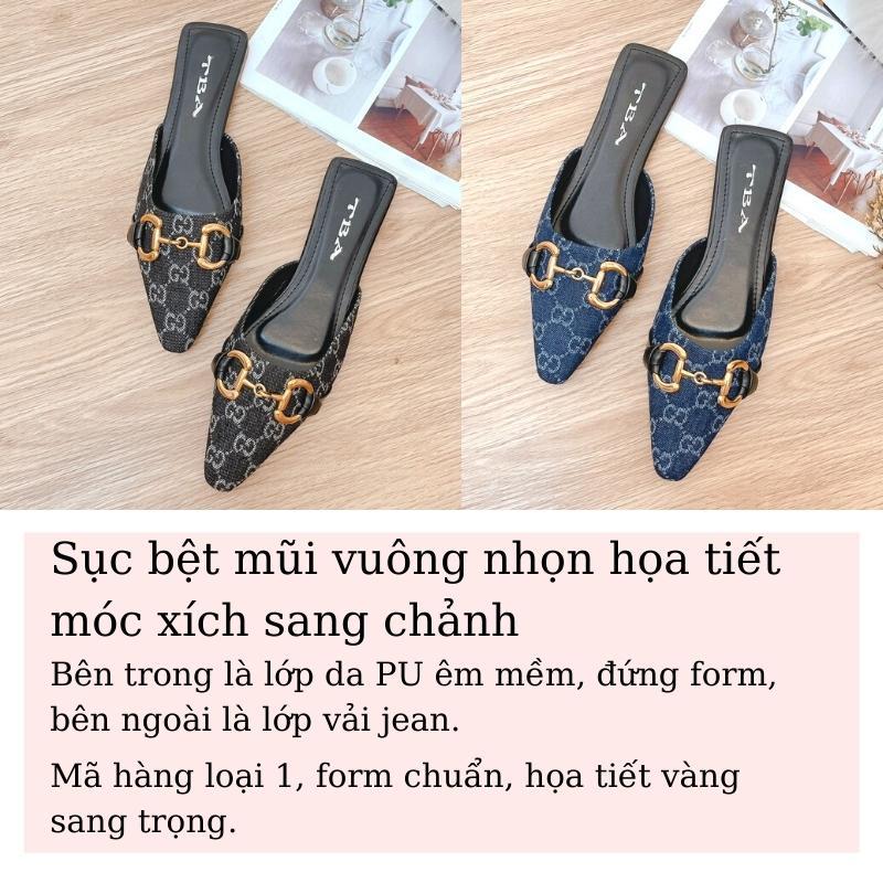 Sục bệt nữ mũi nhọn vuông sục thời trang chất vải jean họa tiết móc xích