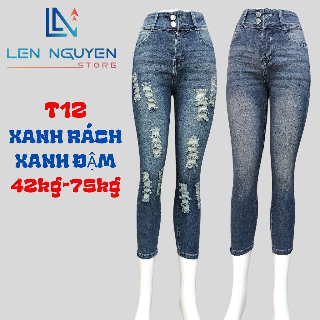 T12_Quần jean nữ, 9 tất, lưng cao, quần bò nữ dáng ôm, quần rin nữ có big size, cho 42kg đến 75kg,LEN NGUYEN STORE - Xám Rách