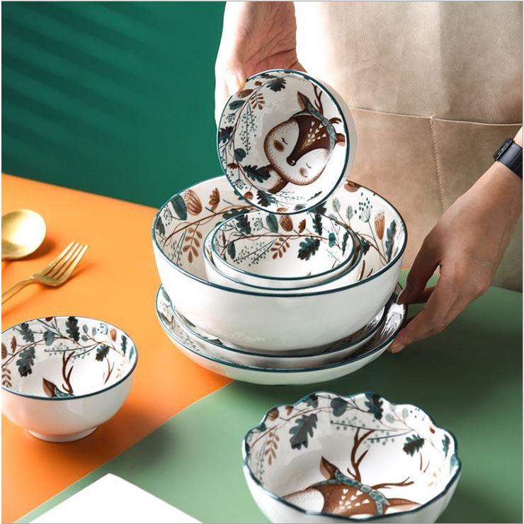 Bộ chén bát ăn cơm, đĩa khay gốm sứ Nai decor cao cấp