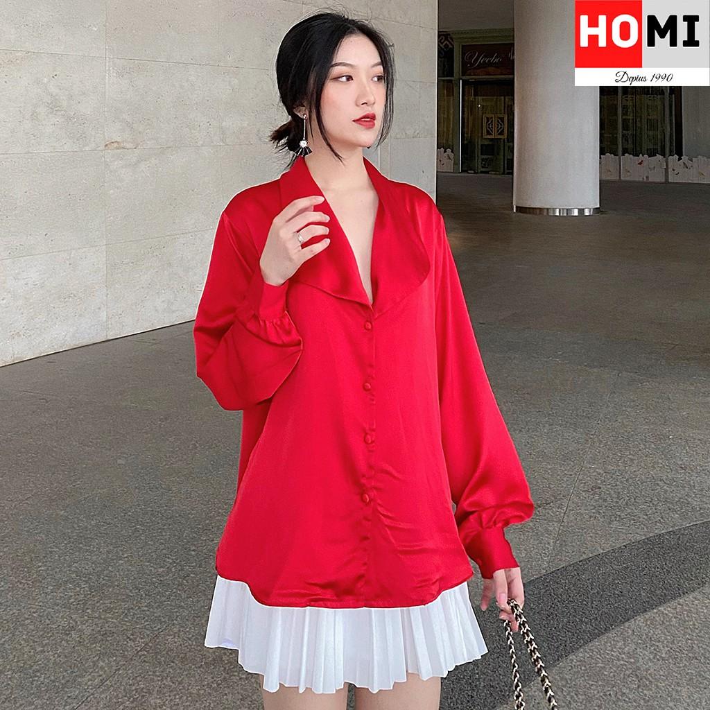 Áo sơ mi lụa tay dài màu đỏ đô nút bọc Freesize