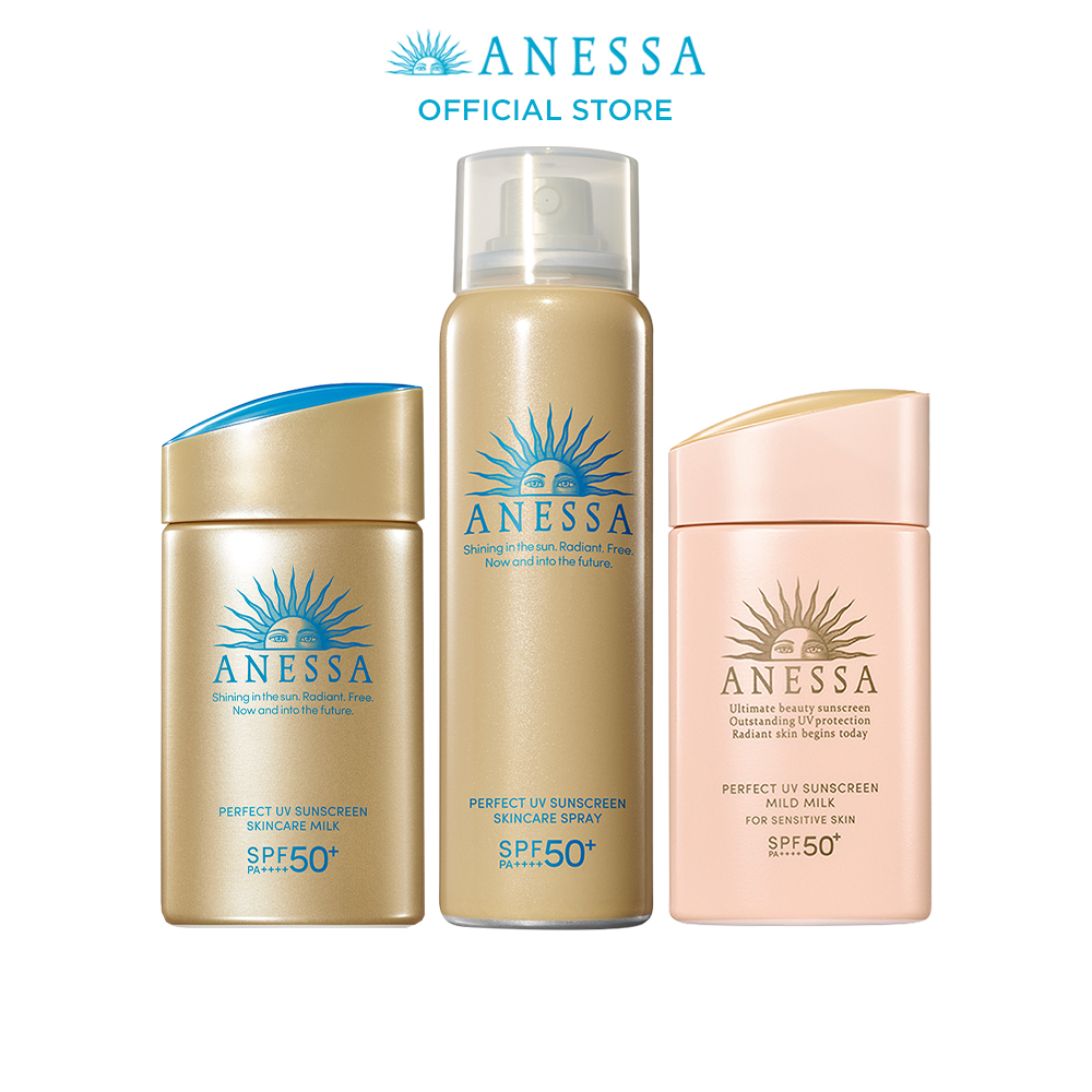 Bộ sản phẩm Kem chống nắng dưỡng da Anessa cho cả gia đình (Anessa Gold Milk 60ml + Mild Milk 60ml + Gold Spray 60g)