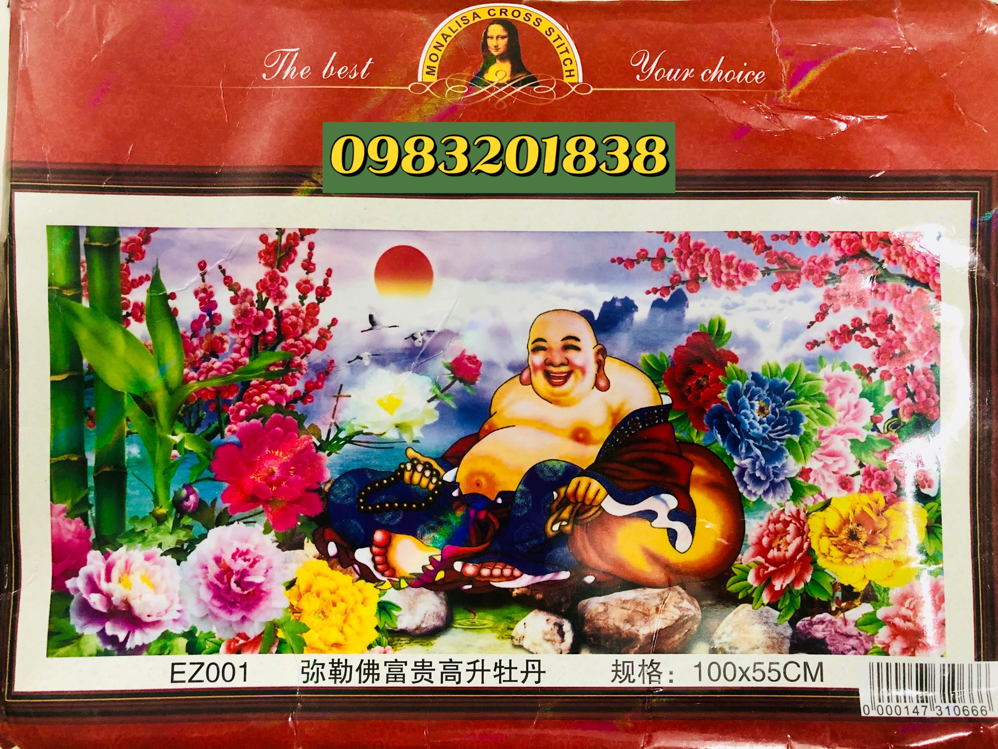 Tranh thêu kín Phật di lặc, EZ001, kích thước 100 x 55 cm