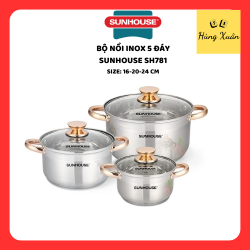 Bộ Nồi Inox 5 Đáy Sunhouse Sh781 16 - 20 - 24Cm Tặng Kèm Móc Khóa Bg