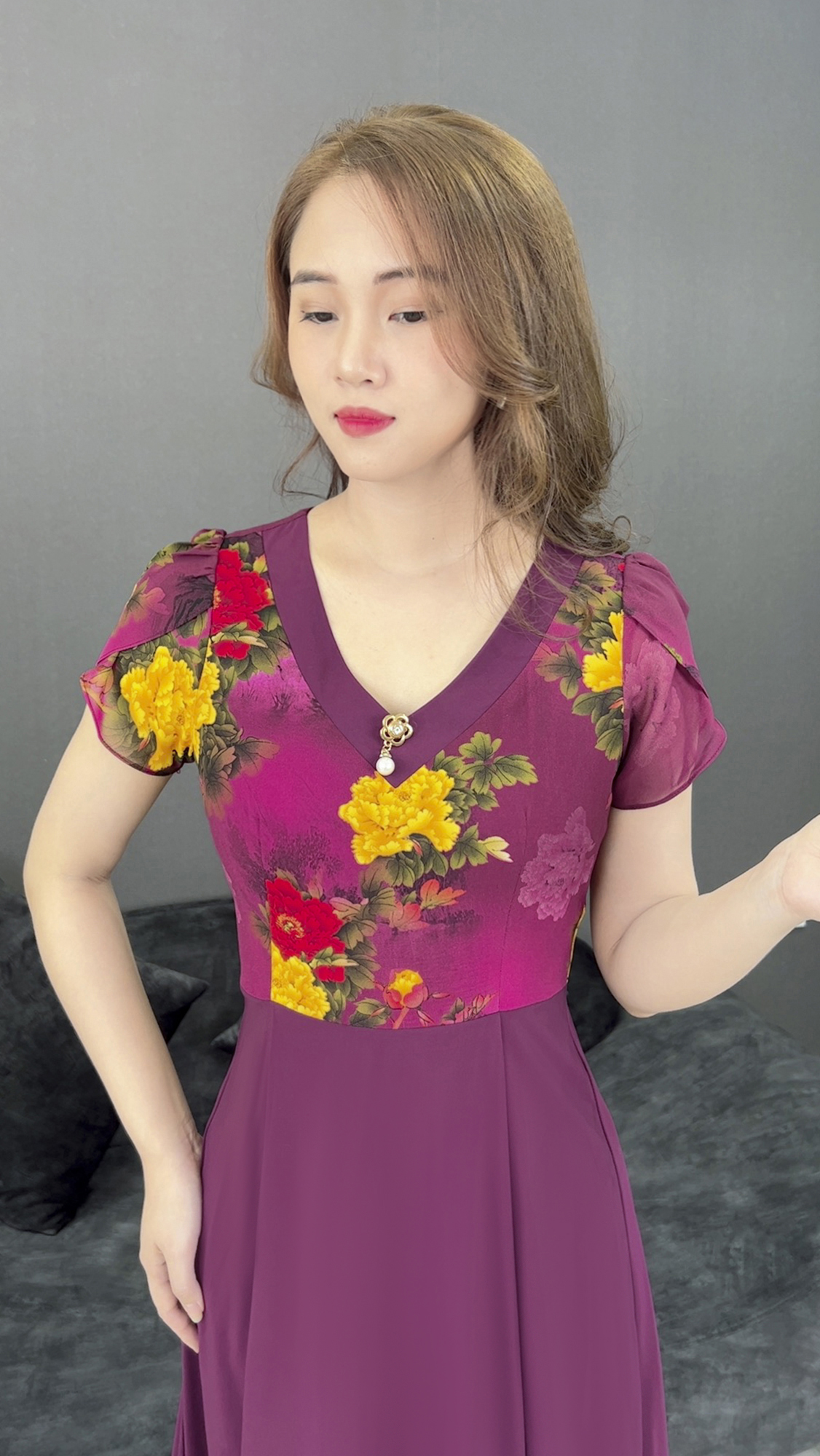 Đầm Hoa Trung Niên [ Linh Trà ] (TM 435) Vải Voan Chiffon Đi Chơi Đi Tiệc Quý Phái Sang Chảnh