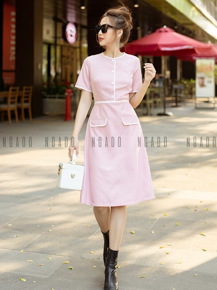 Đầm hồng ngắn tay viền trắng NGADO