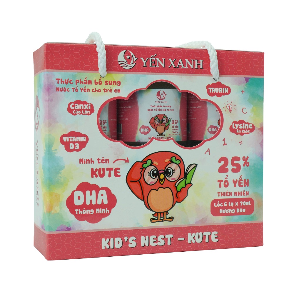 25% tổ yến - Thực phẩm bổ sung: Nước tổ yến chưng dành cho trẻ em Kid's nest - Kute hương dâu - YẾN XANH - Lốc 6 lọ x 70ml