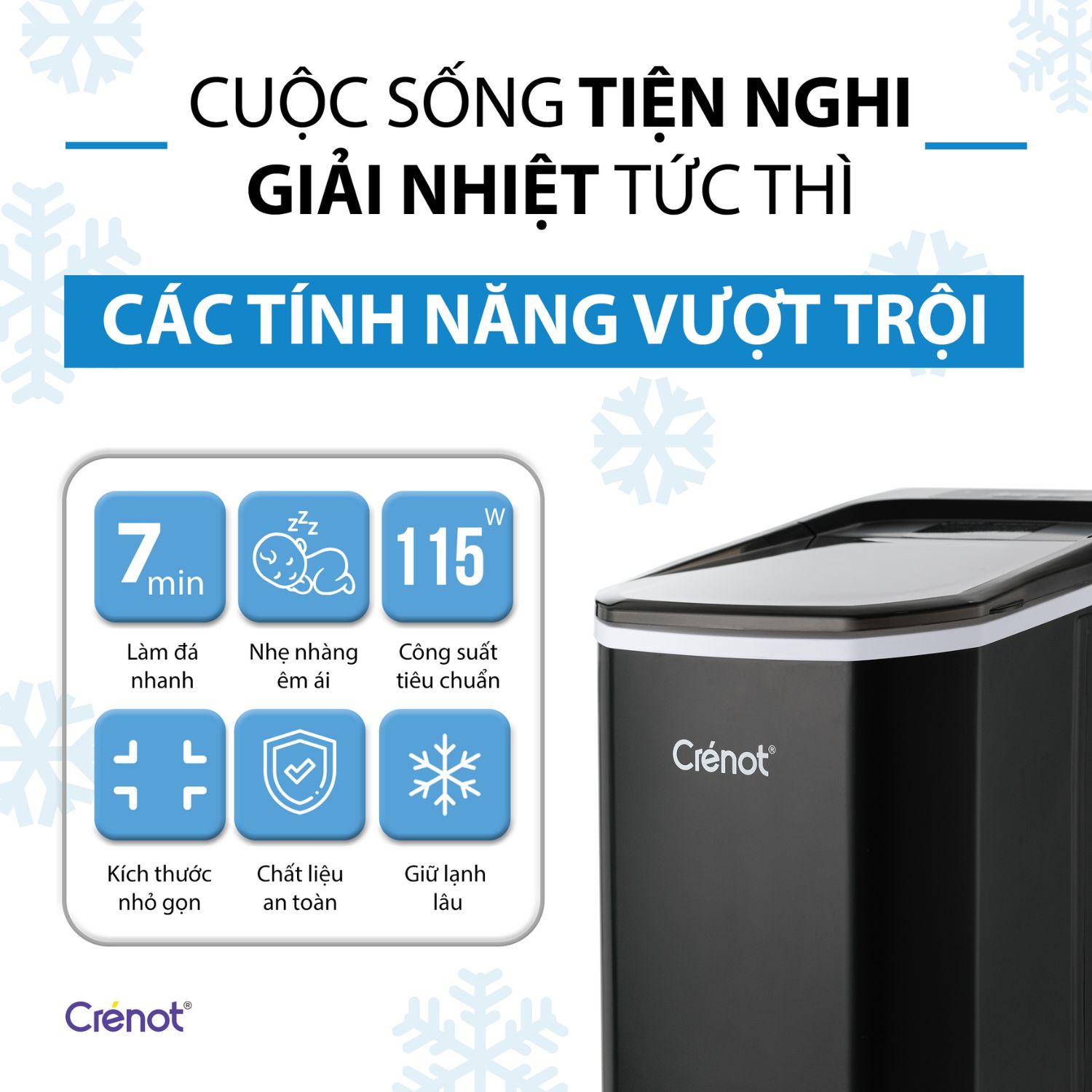 Máy Làm Đá Viên CRENOT VORTEX V6 Tủ Đá Giữ Nhiệt Mini Gia Đình Tạo Đá Siêu Tốc Trong 9 -15 Phút - Hàng chính hãng