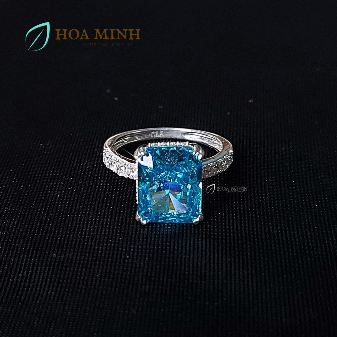 Nhẫn bạc cao cấp đính đá Nam Phi xanh aqua size chữ nhật lớn 9x11 li trang sức cao cấp, sang trọng