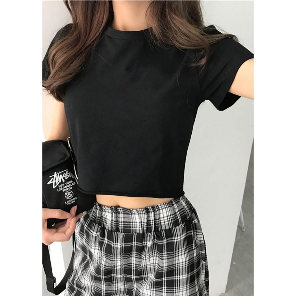 Aó croptop cộc tay thun trơn