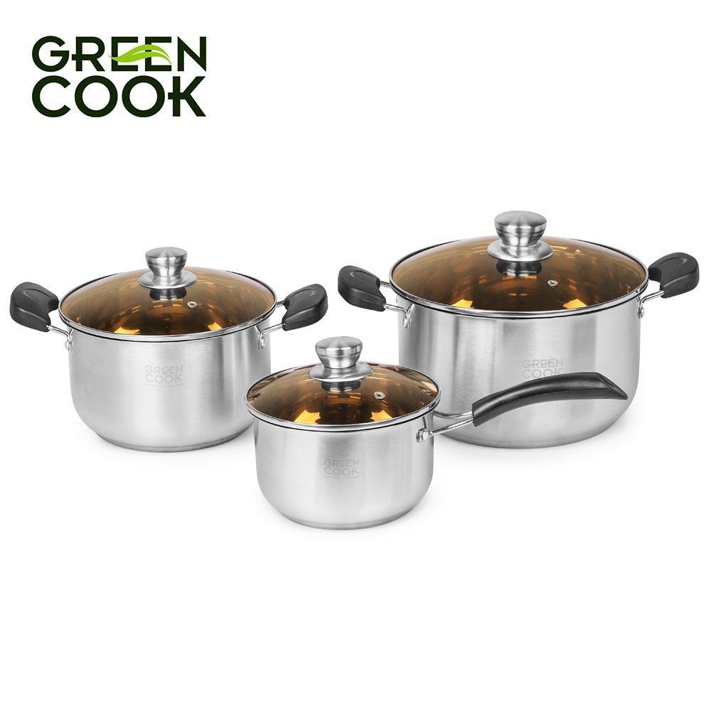 Bộ nồi inox 3 đáy Green Cook GCS08-T1 gồm 3 món sử dụng được trên bếp từ -Hàng chính hãng