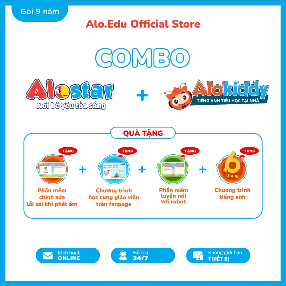 [Gói 9 năm] Combo ALOSTAR và ALOKIDDY Tiếng Anh - Gói học tiếng Anh online trên app dành cho trẻ 2-10 tuổi