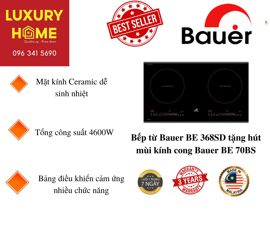 Bếp từ Bauer BE 368SD tặng hút mùi kính cong Bauer BE 70BS Hàng chính hãng