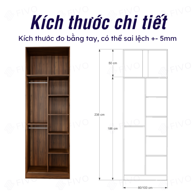 Tủ Áo Quần Cửa Lùa Sang Trọng Gỗ MDF Lõi Xanh Chống Ẩm FC31 FIVO Màu Walnut Ấm Cúng Cho Phòng Ngủ, Thiết Kế Rộng Rãi