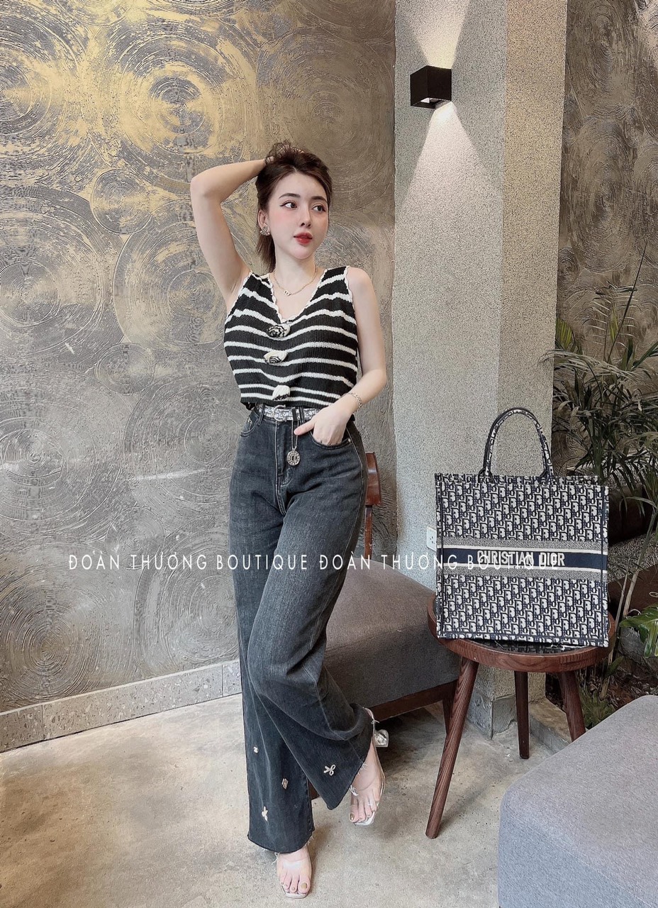 Áo len sát nách kẻ đính hoa Quảng Châu cho nữ LS_AL084