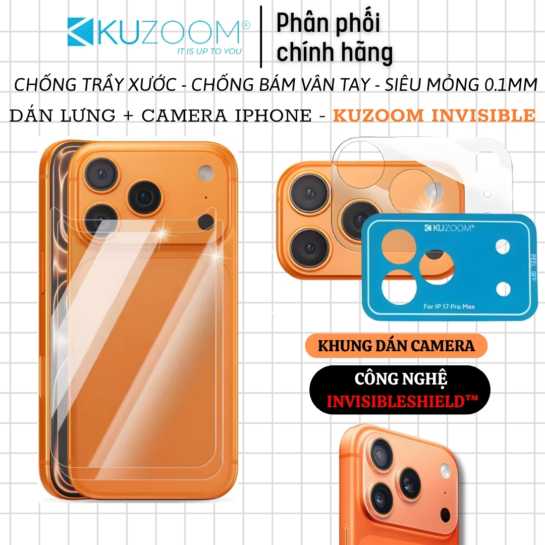 Dán Film InvisibleShield PPF bảo vê viền camera và mặt lưng cho iPhone 17 Pro Max / 17 Pro KUZOOM LENS - Siêu mỏng 0.1mm, chống trầy xước, Phủ nano chống vân taym, chống dầu, ppf cao cấp - Hàng nhập khẩu