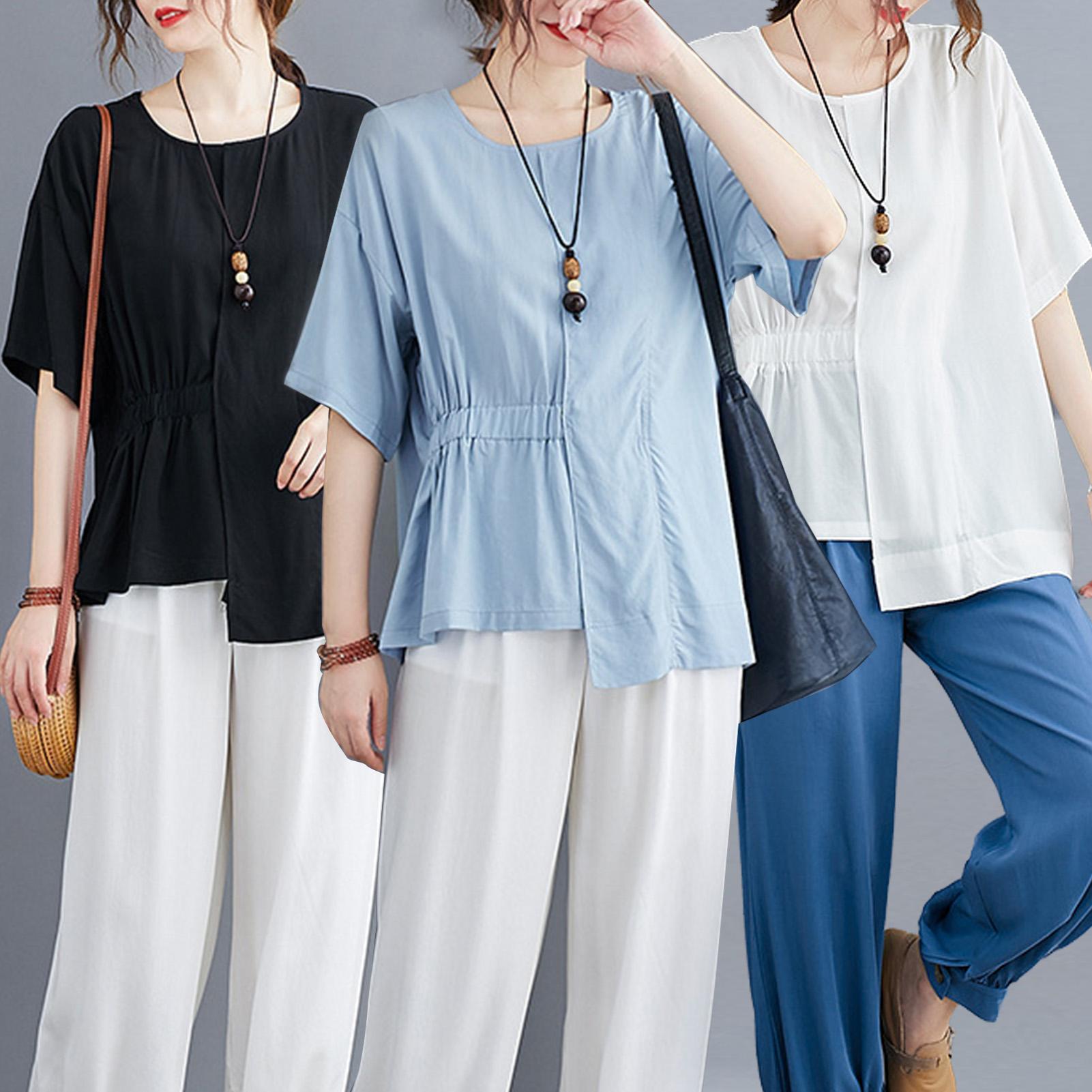 Fashion Women Solid Color Chiffon T-shirt O Neck Short Sleeve Ruched Irregular Hem Loose Casul Shirt Top