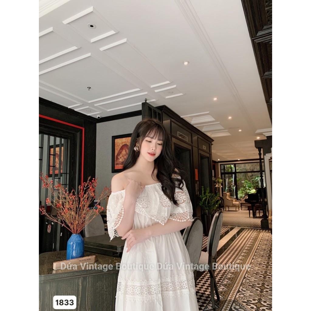 Đầm maxi trắng trễ vai hoa tròn cao cấp - 1833